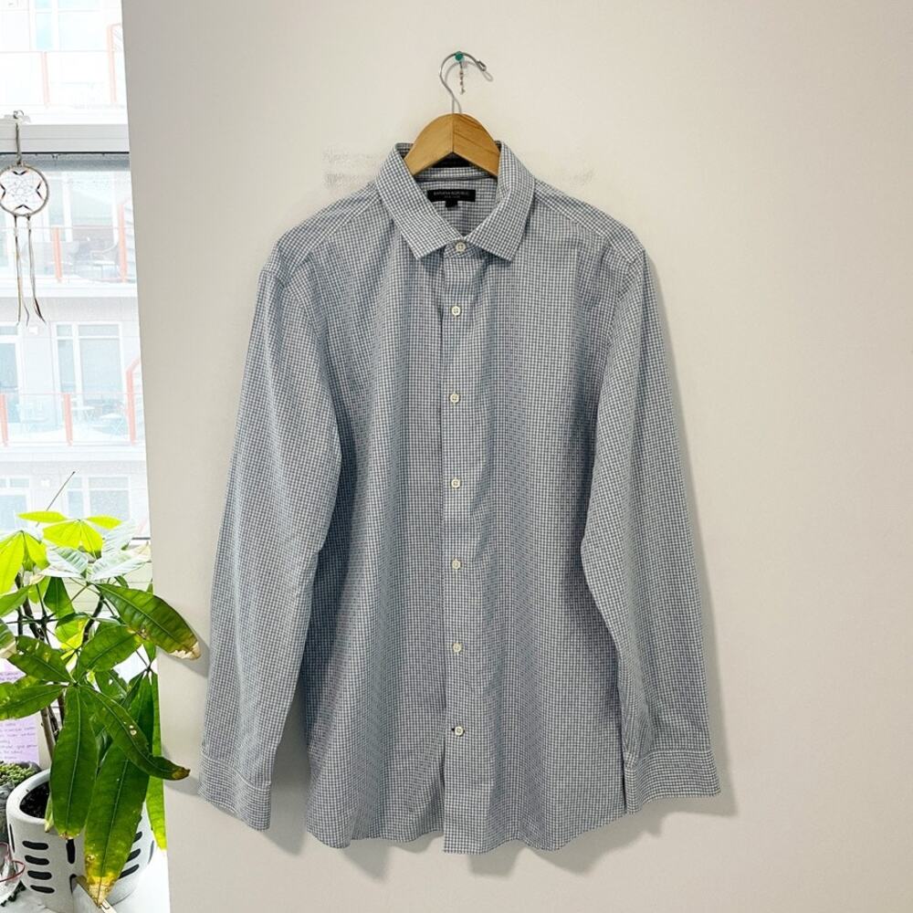 Banana Republic Men's Non-Iron Blue Checkered Print Button Up Top Size Large
